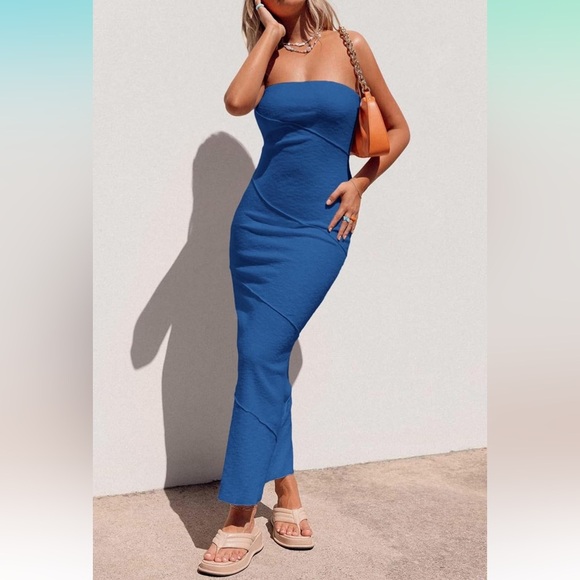 PrettyGarden Blue Strapless Bodycon Maxi Dress for Night Out or Vacation - Picture 1 of 7